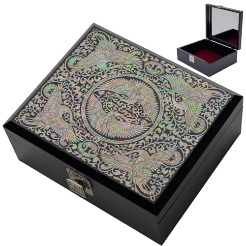 February Mountain Korean Mother of Pearl Crane Jewelry Box - Handmade Lacquer Keepsake with Mirror - Elegant Gift for Women & Men