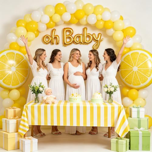 OQOQ Yellow and White Striped Disposable Tablecloths - 54x108 Inch, 3 Pack