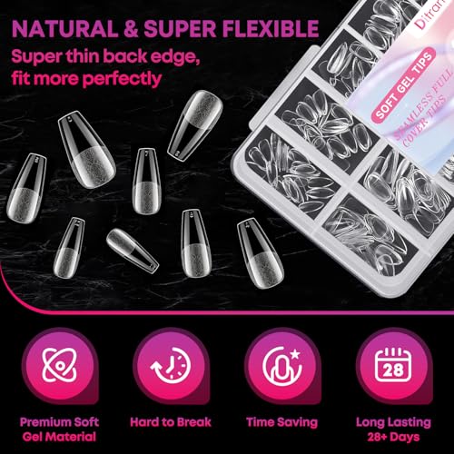 Ditran 240Pcs Soft Gel False Nail Tips Long Almond Semi-Matte