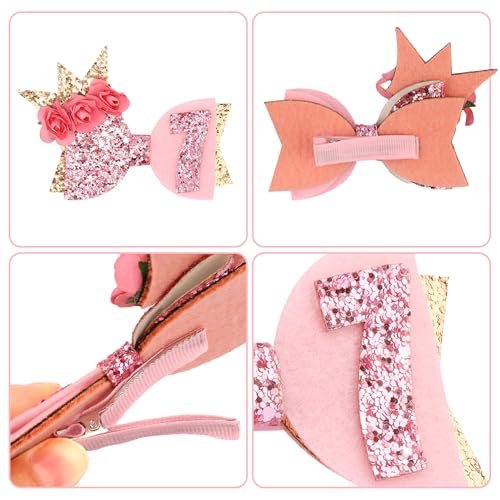 Exacoo 7th Birthday Pink Bow Hair Clips 2-Pack Glitter Hair Accessories