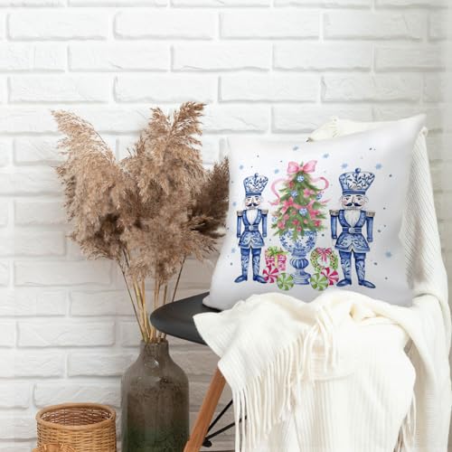 Nutcracker Pink Bows Christmas Pillow Cover 18x18 - Coquette Bows Tree Throw Pillowcase, Chinoiserie Decor, Flannel
