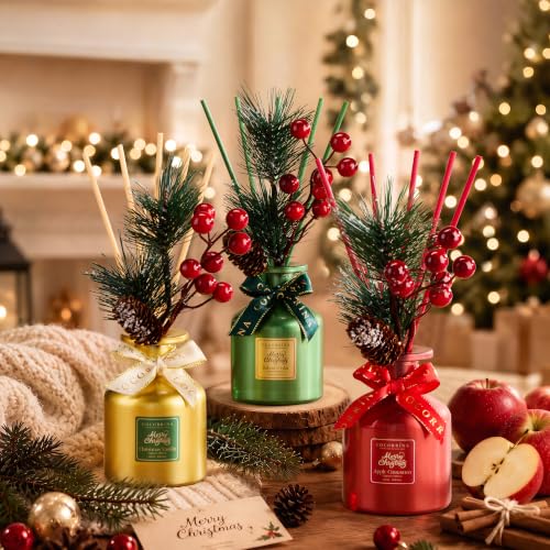 Christmas Vanilla Reed Diffuser Set - Home Fragrance with Gold Bottle & Holiday Decor