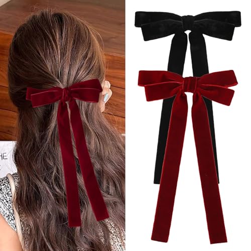BluOcnMkt 2Pcs Velvet Hair Bow Clips with Long Tails for Women