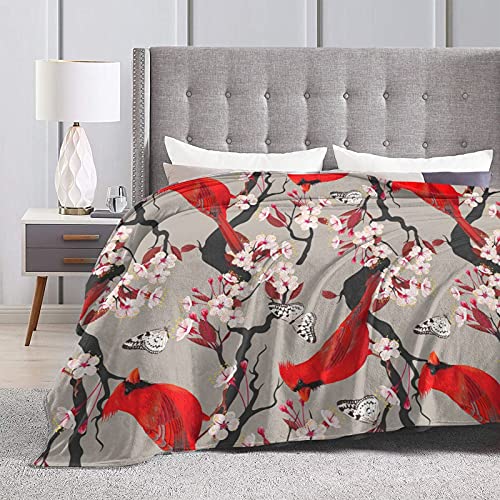 Cardinal Throw Blanket with Cherry Flowers - 60x50 Inches - Christmas Decor for Sofa