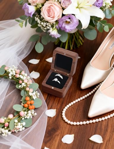 Black Wooden Ring Box - 2 Slot Square Engagement Ring Holder Case
