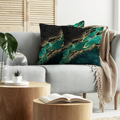Lnond Velvet Decorative Throw Pillow Covers Set of 2 - 18x18 Inch Green Gold Marble
