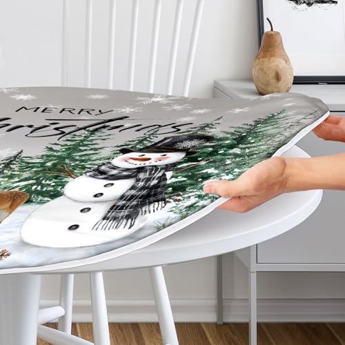 Christmas Fitted Round Tablecloth with Elastic Snowmen & Green Trees - Waterproof 44 Inch, Outdoor Holiday Decor - Variation: Green / 44"