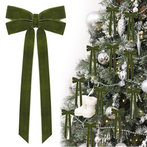 Green Velvet Ribbon Bows for Christmas Tree Decorations, 5x10 Inch - Set of 12 - St Patrick's Day & Holiday Wreath Ornaments