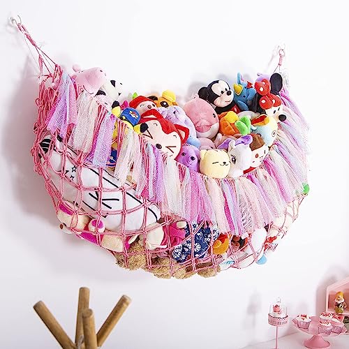 Amdermi Jumbo Boho Macrame Stuffed Animal Hammock with LED Lights - Pink