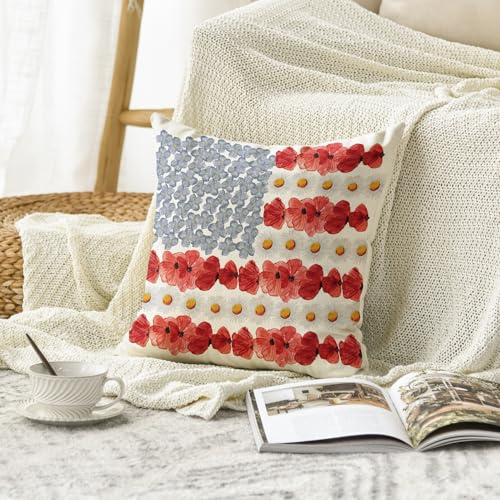 AVOIN colorlife 18" x 18" Patriotic Poppy Floral Pillow Cover for Independence Day
