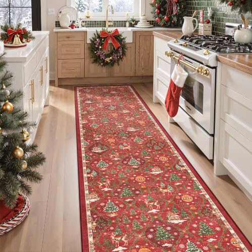 Christmas Hallway Runner Rug 2x8 Washable Non-Slip Red Floor Mat - Variation: Christmas Red / 2' x 8'