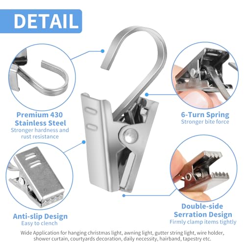 Stainless Steel Curtain Clips Hooks - 25 Pack for Hanging Lights & Decorations