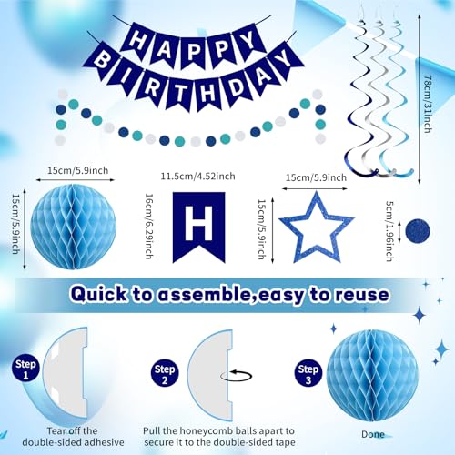 Blue and White Happy Birthday Decoration Set with Glitter Party Supplies