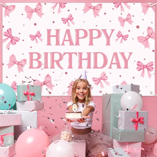 Pink Bow Happy Birthday Backdrop Banner - 71 x 43 Inch Fabric Decor