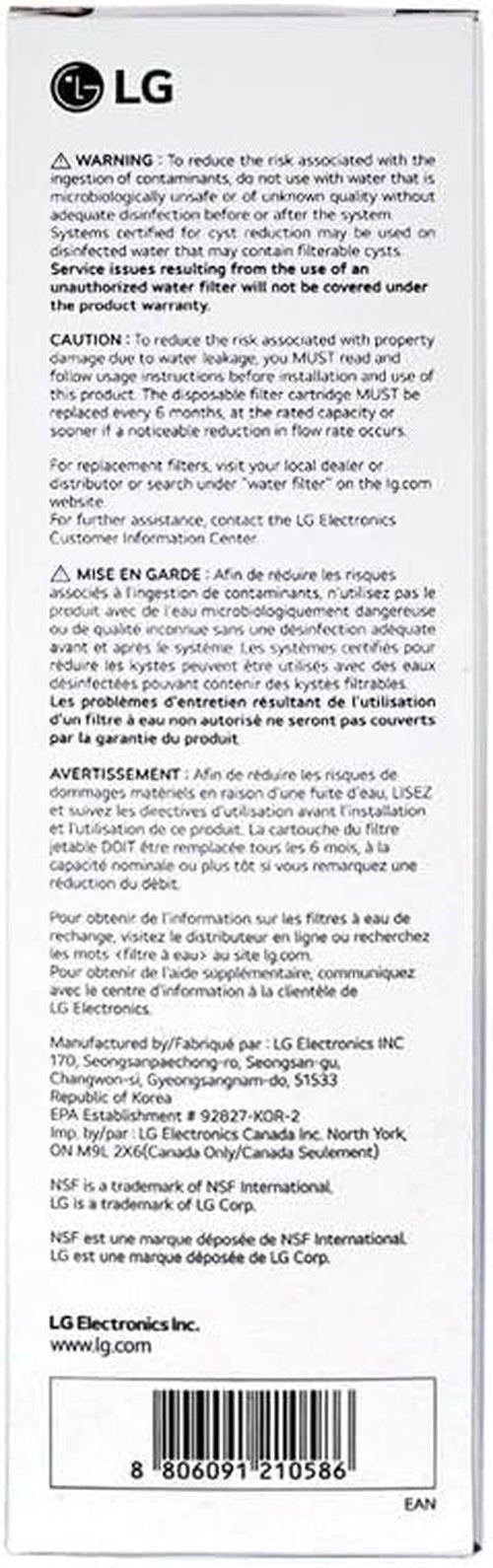 LG LT1000P Refrigerator Water Filter - 6 Month, 200 Gallon Capacity, NSF Certified, White