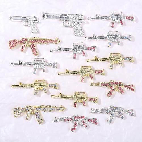 Y2K Punk Gun Nail Charms 15pcs Silver & Gold Rhinestone AK Nail Art