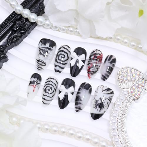 Gothic Press On Nails Medium Almond Y2K False Nails with Bow Design