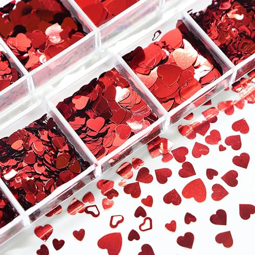 Red Heart Nail Art Sequins & Glitter Decals 12 Grids Valentine's Day