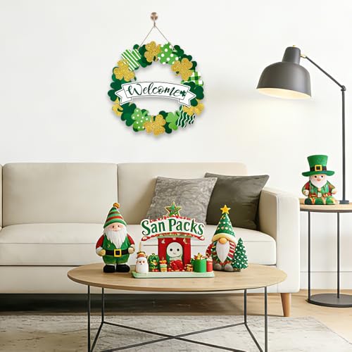 St. Patrick's Day Shamrock Wooden Wreath - Green Clover Welcome Sign