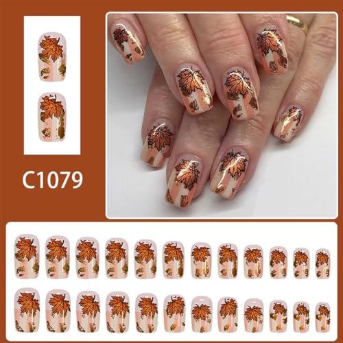 Fall Press on Nails Short Square False Nails Maple Leaf Gold Leaf Acrylic Nails 24Pcs