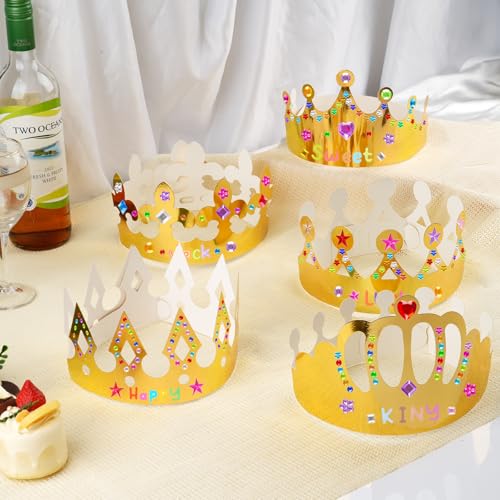 Gold Paper Crowns - 15 Pcs DIY Birthday Party Hats with Gem Stickers