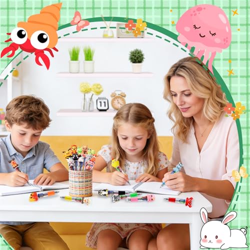 24 Multicolor Animal Pen Set for Kids - 4-in-1 Ballpoint Pens with Removable Animal Caps
