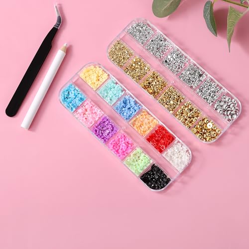 AIPULIDUO 4-Box AB Rhinestones & Pearls Nail Art Kit with Tweezers