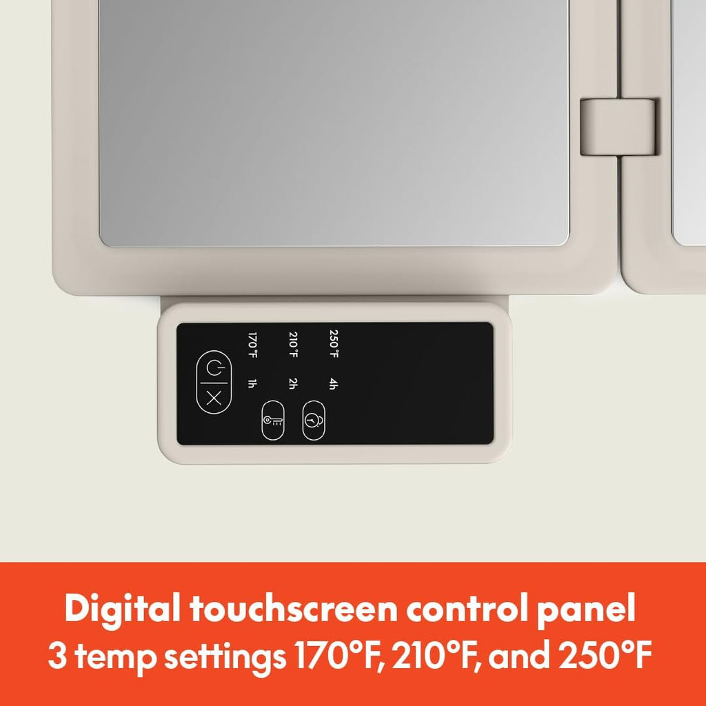 Bella Fold & Store Warming Tray - Adjustable Temperature & Timer, 24.8” to 8.3” Wide, Auto Shutoff, Stainless Steel, Oatmilk
