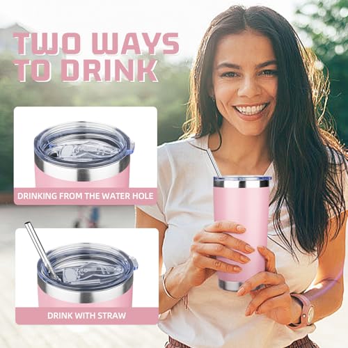 20 oz Pink Stainless Steel Insulated Tumbler with Lids & Straws