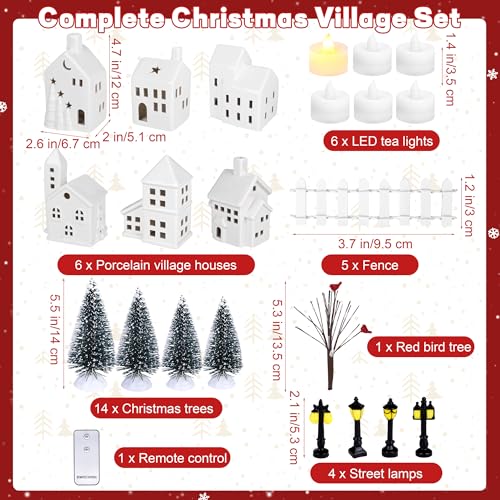 Porcelain Christmas Village Set with 6 Lighted Houses, Trees & Accessories