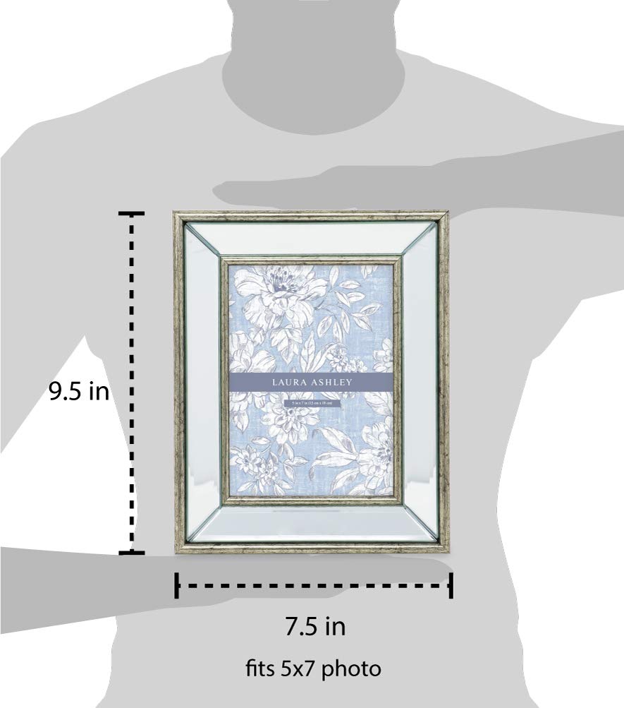 Laura Ashley 5x7 Silver Beveled Mirror Picture Frame, Classic Mirrored Frame with Deep Slanted Angle, Wall-Mountable, Made for Tabletop Display, Photo Gallery and Wall Art, (5x7, Silver)
