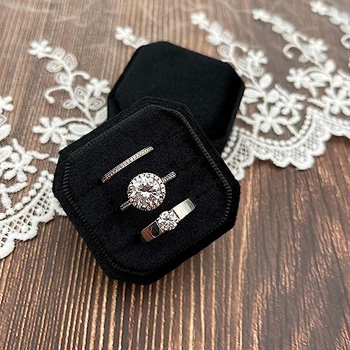 Black Velvet Ring Box - 3 Slots Octagon Holder for Weddings