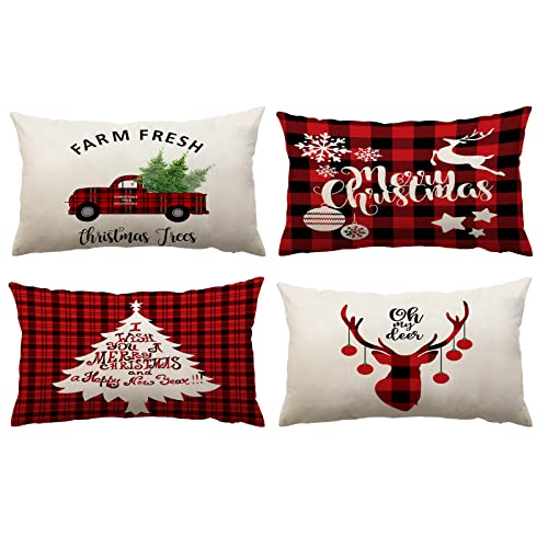 Neatee Living Christmas Pillow Covers, 12x20 Inch Set of 4, Cotton Linen