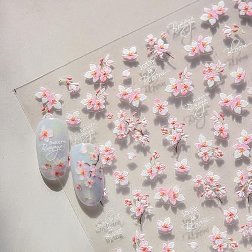 5D Embossed Cherry Blossom Nail Stickers Pink Floral Self-Adhesive Decals