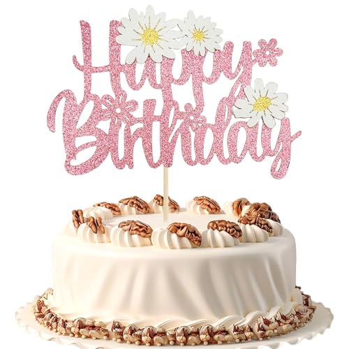 Pink Glitter Daisy Cake Topper for Birthday Parties