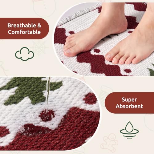 Christmas Waffle Bath Mat Rug - Non Slip Absorbent Holiday Decor, 24 x 36 - Red & White Tree