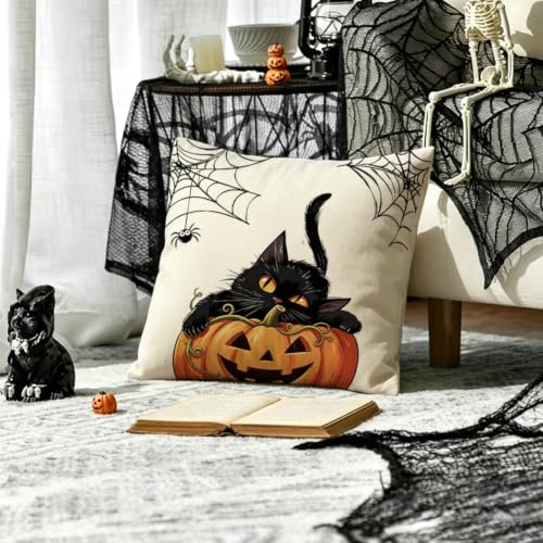RABUSOFA Halloween Pillow Covers 18x18 Black Cat & Pumpkin