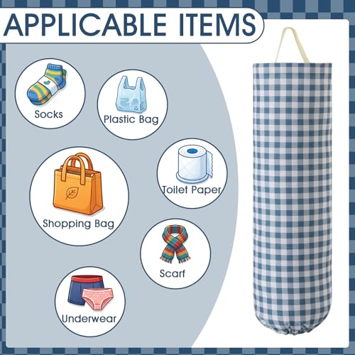Gingham Canvas Grocery Bag Holder - Dusty Blue Wall Mount Organizer