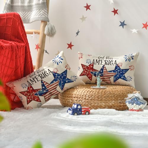 4th of July Patriotic Throw Pillow Covers 20x12 Inch - Set of 2