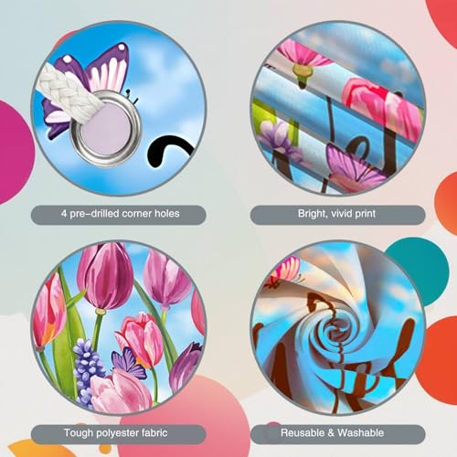 Spring Floral Welcome Door Banner - Tulip & Butterfly Porch Decor 35.4x70.9"