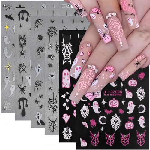 Halloween Nail Stickers 6 Sheets 3D Self-Adhesive Ghost Spider Decals