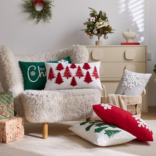 Christmas Pillow Covers 12x20 Inch Snowflake Embroidery Holiday Decor Green White