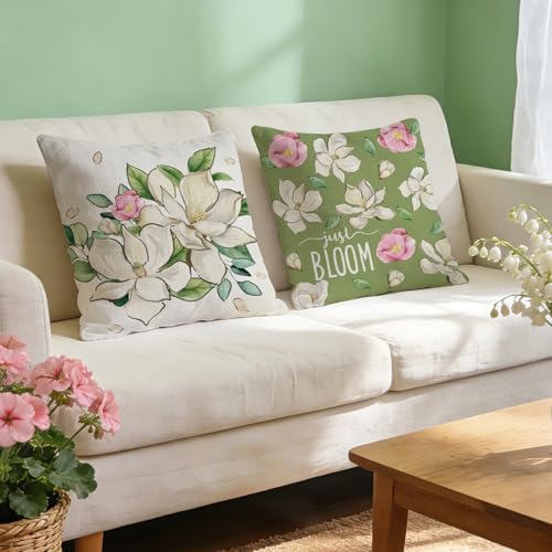 Spring Magnolia Flower Throw Pillow Covers 18x18 - Set of 4