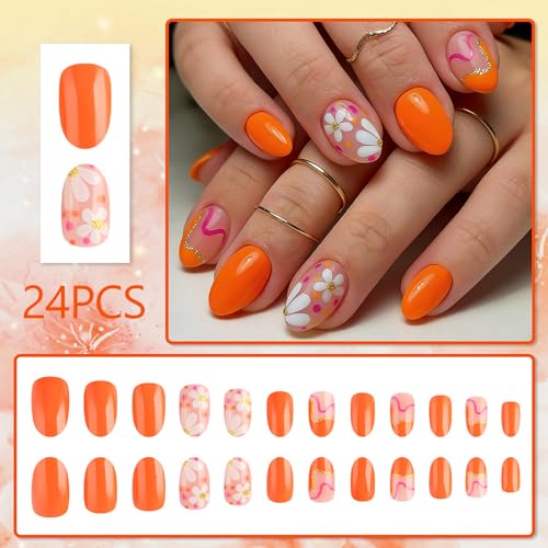 Short Oval Press on Nails Orange Floral Gold Glitter False Nails
