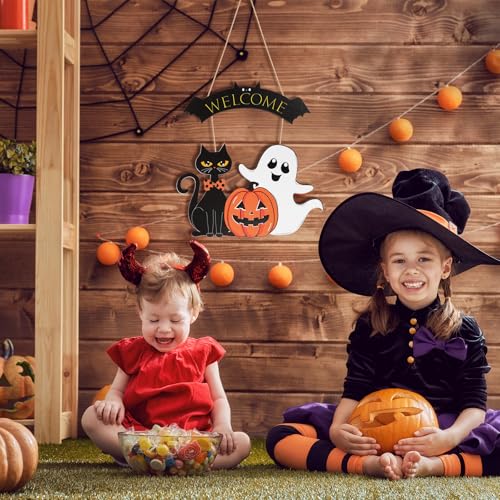Large Wooden Halloween Wreath with Cat and Pumpkin for Front Door