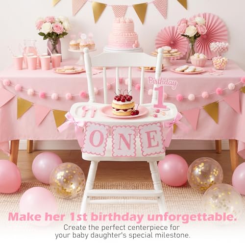 Pink Bow First Birthday High Chair Banner for Girls - Coquette Design