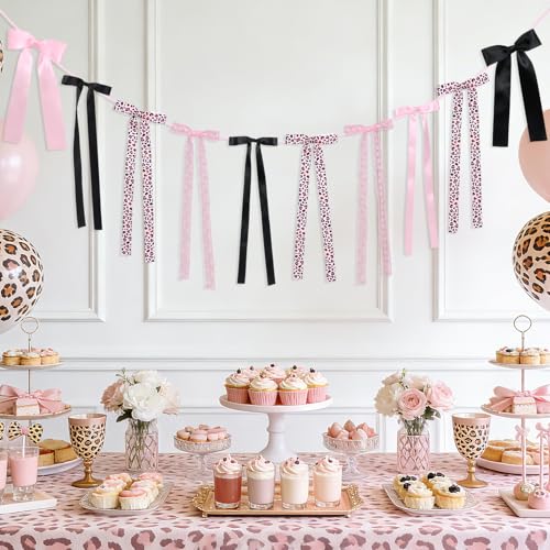 Pink and Black Cheetah Bow Garland Banner for Party Decor