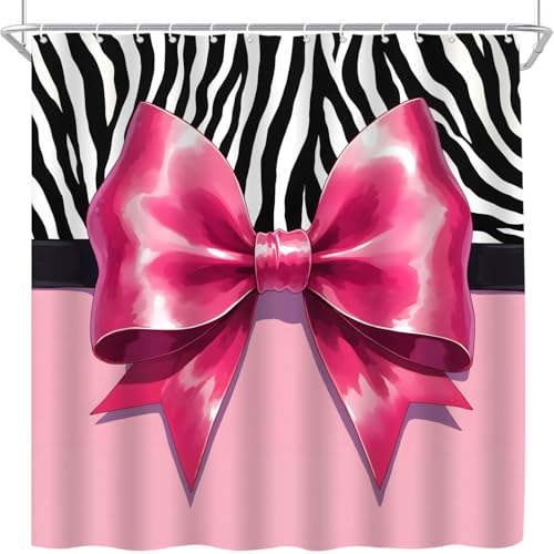 Pink Bow Zebra Print Shower Curtain 70" x 70" - Coquette Bathroom Decor
