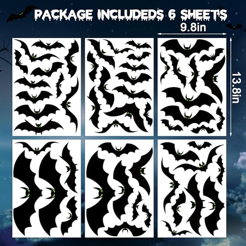 Halloween Window Clings - 6 Large Scary Bat Decals with Glow Eyes
