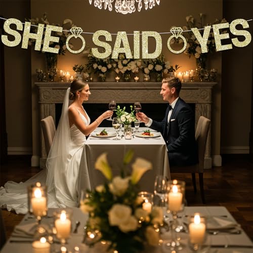 She Said Yes Glitter Banner - Champagne Gold Pre-Strung Engagement Decor